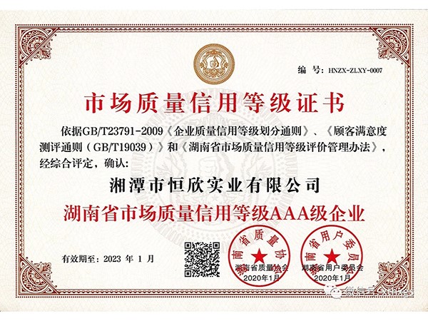 市場質(zhì)量信用等級證書